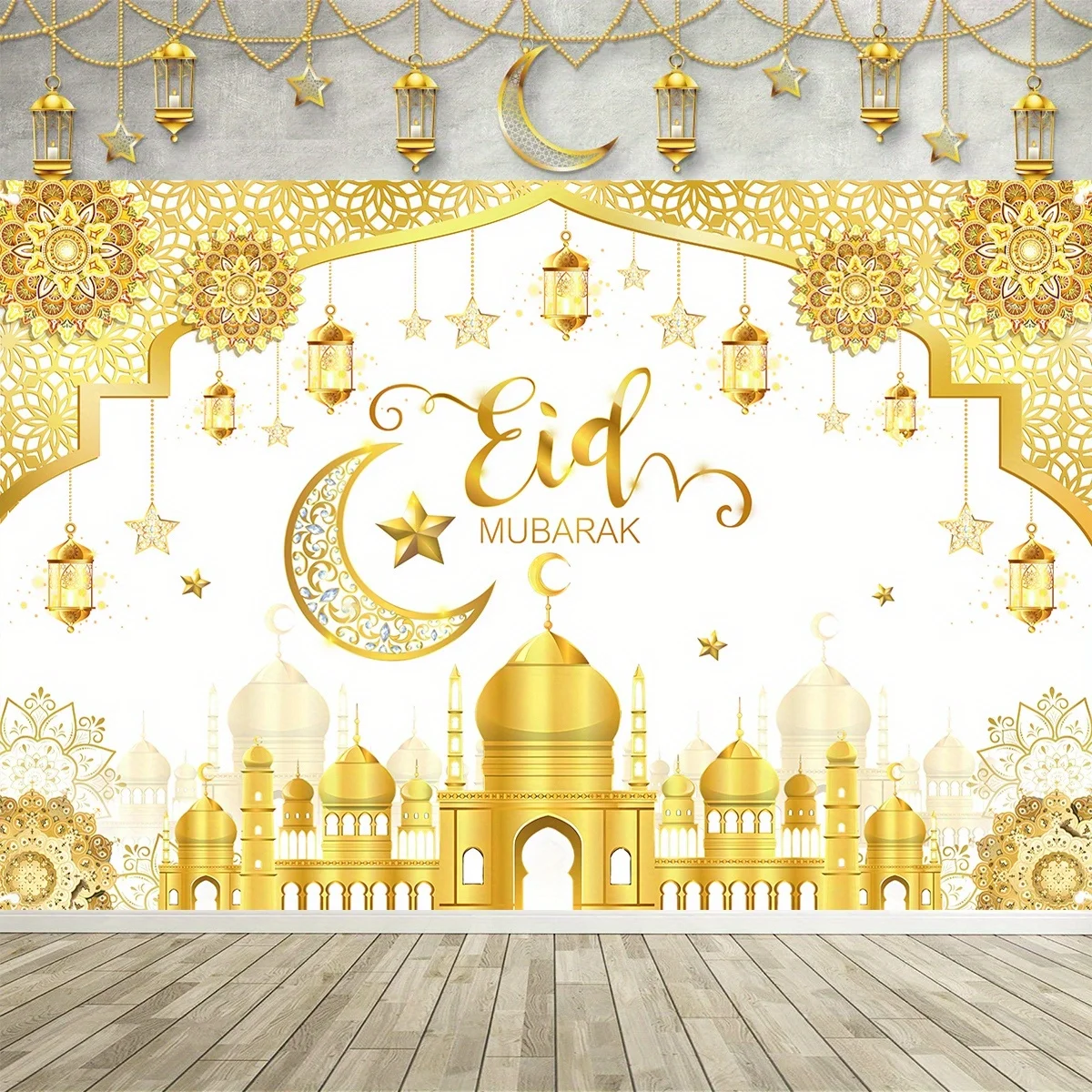 2D Flat - - A Banner And Tapestry For Eid Mubarak Featuring Golden An Islamic Crescent Moon And Lanterns Perfect For Ramadan Wal