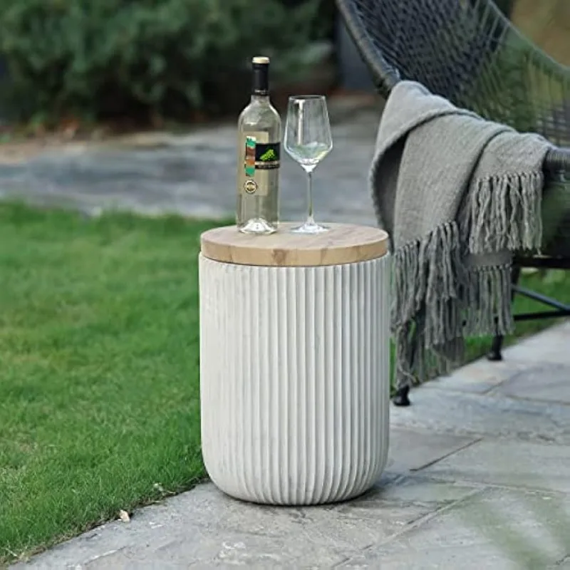 

LuxenHome 18" Outdoor Side Table with Storage, Cement Patio End Table with Wood Finish Lid, Accent Table for Patio, Porch,