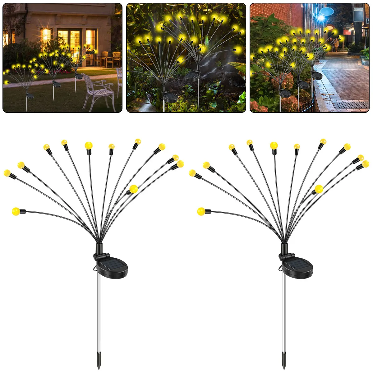 

NEW 2Pcs Solar Swaying Light 12LED Outdoor Garden Stake String Lights IP65 Waterproof Solar Yard Lights Warm White Decorative