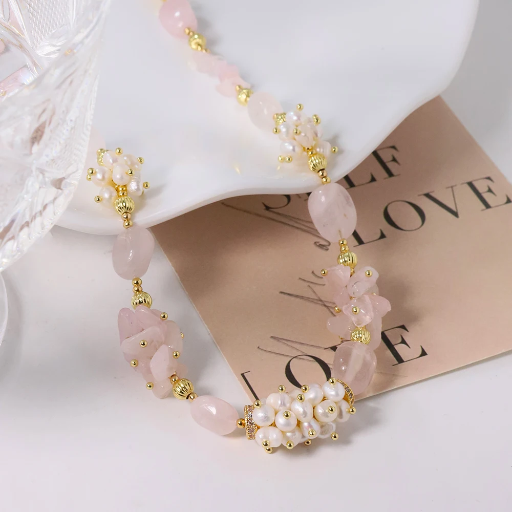 Natural Pink Crystal Pearls Necklaces Retro Palace Style Fashion Jewelry Necklaces Gifts for Mom Wife GirlfriendGN0594