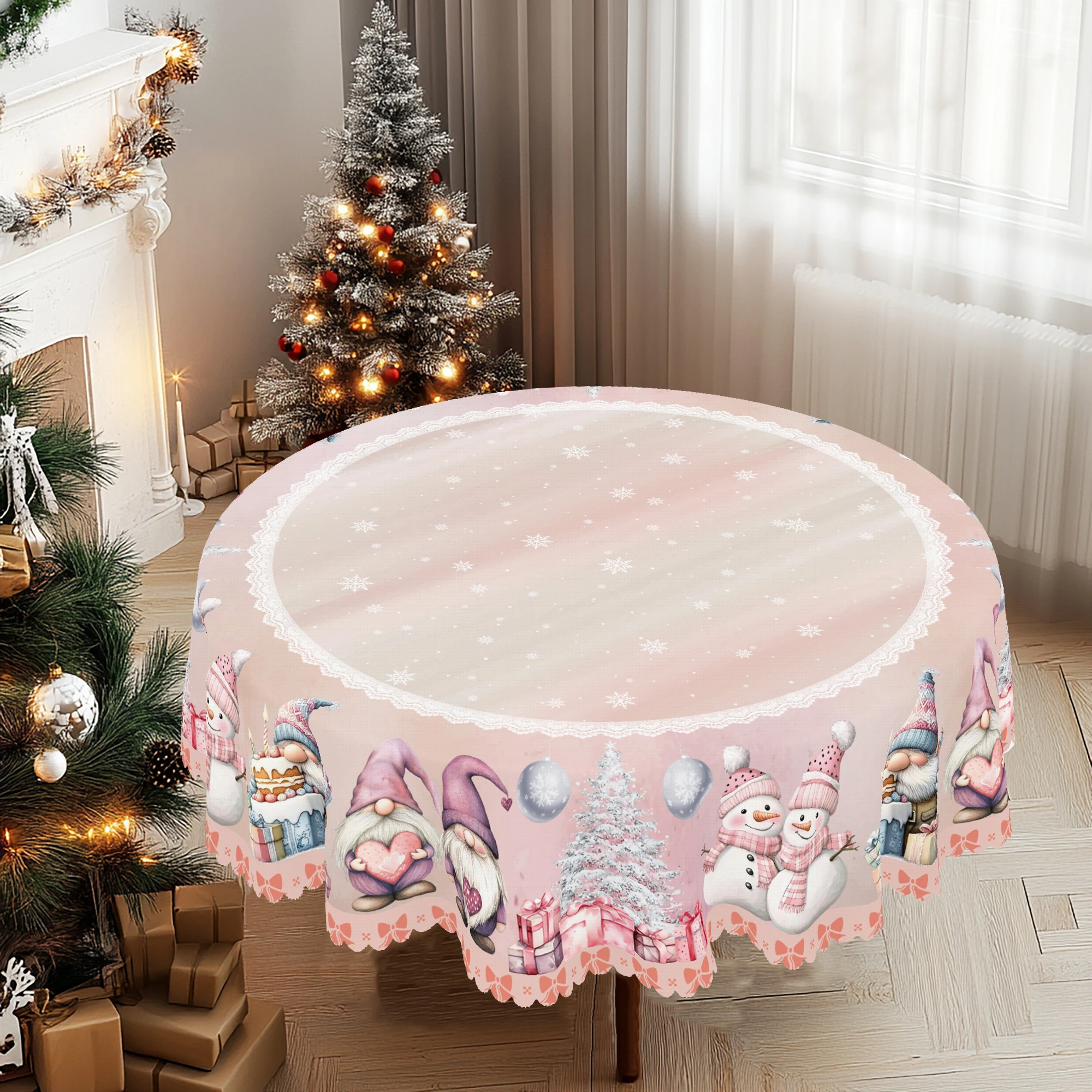 1-delig rond en rechthoekig tafelkleed met kerstthema, verkrijgbaar in verschillende maten, met kerstroze sneeuwpoppen en bosprintpatronen, sneeuwvloktafelkleed geschikt voor dagelijks gebruik in de keuken, terras en een nieuwjaarscadeau