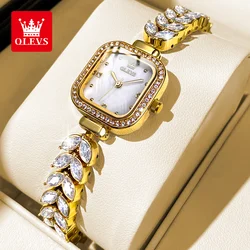 OLEVS Square Quartz Watch for Women Elegant Mermaid Stainless Steel Watchband Full Diamond Small Dial Luxury Ladies Wristwatches