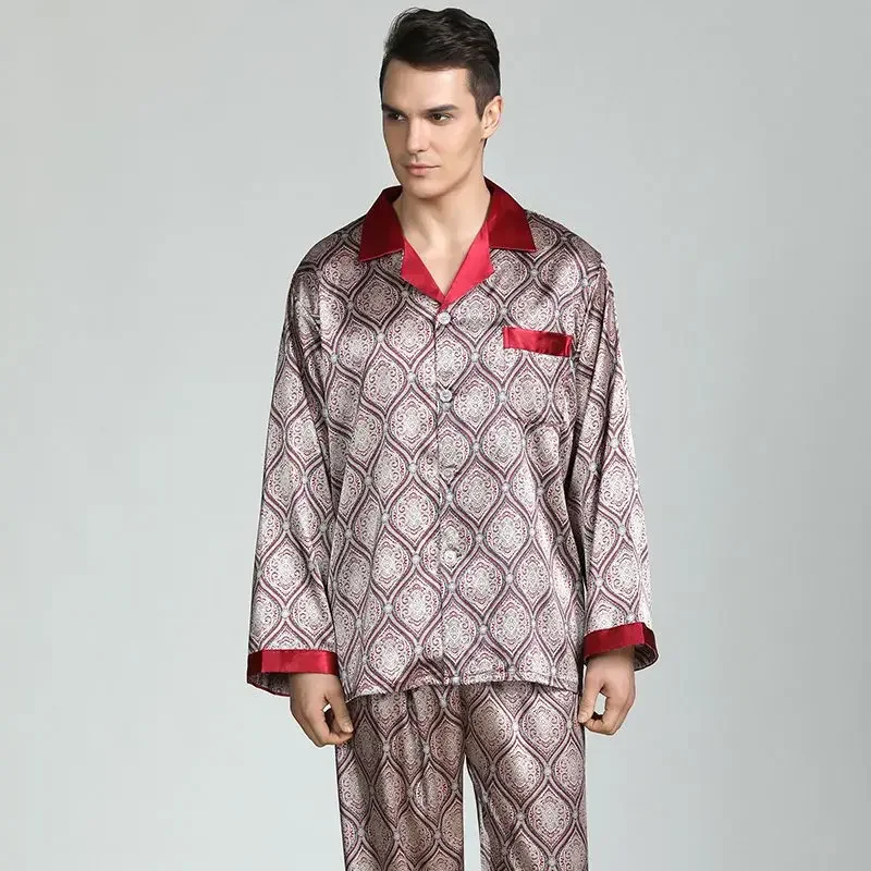 Men's Printed Silk Loungewear Outfit Spring Fall Long Sleeve Pants Pajamas Set Oversize Autumn Casual Baggy Home Service Suit