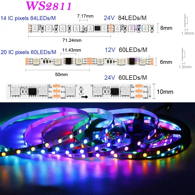 12V 24V 5m addressable WS2811 LED Strip 60/84leds/m 5050 RGB pixel Light Bar External IC IP30 6/8/10mm White PCB flexible Tape