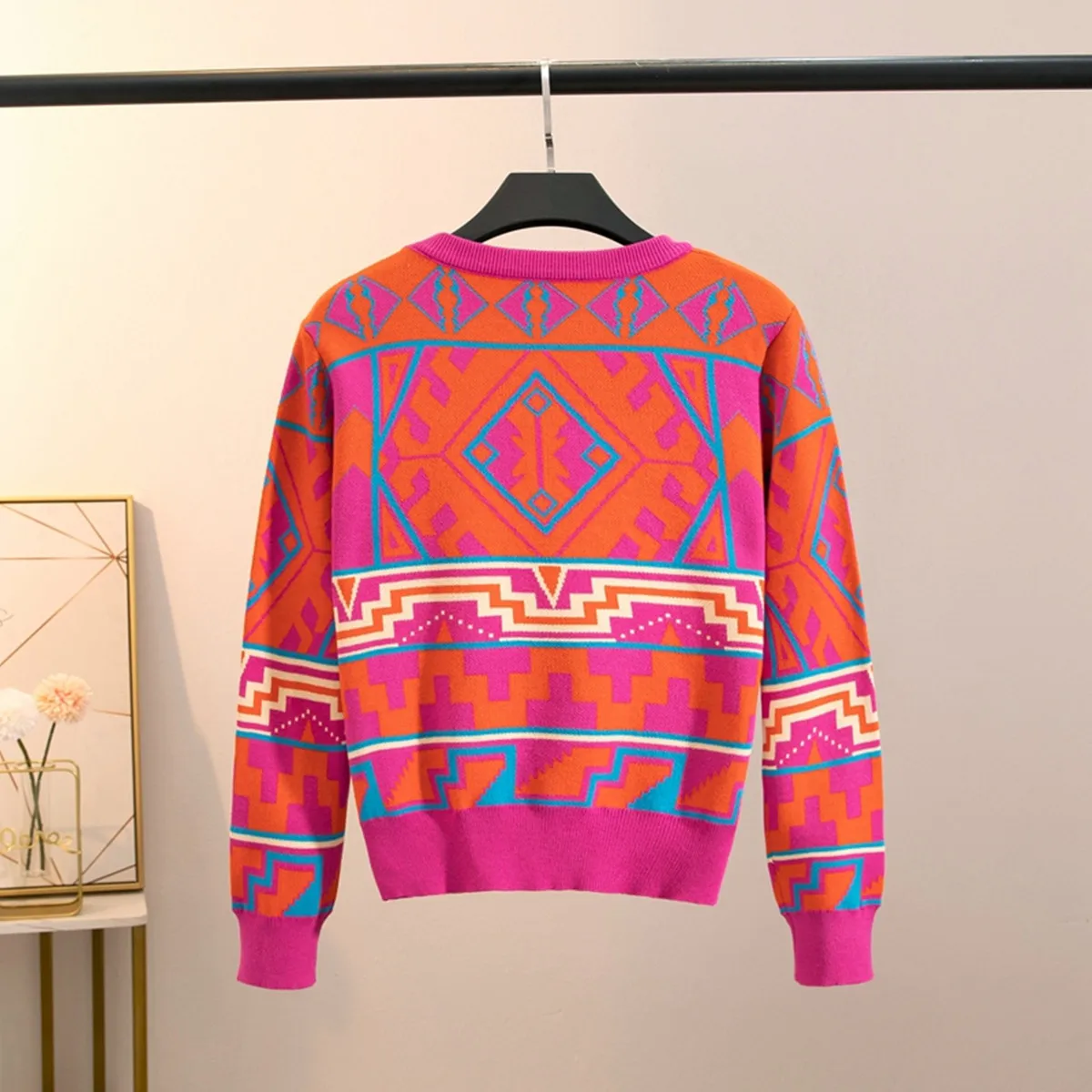 Spring Autumn Fashion Geometric Jacquard Colorful Knitted Pullover Jumper Tops Casual O-neck Long Sleeve Striped Sweater Women