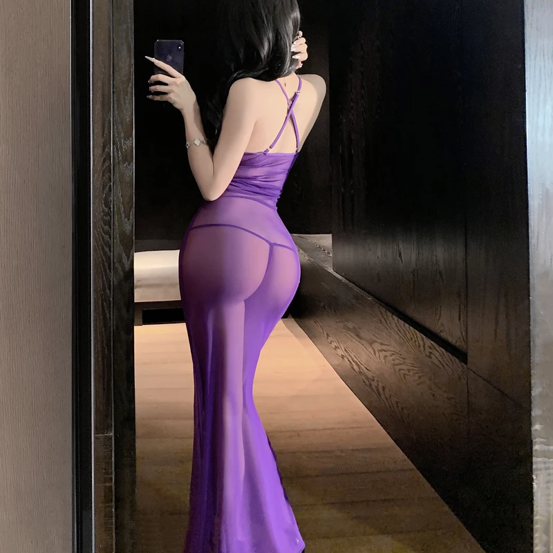 Seksowna długa sukienka, erotyczna bielizna, prześwitująca koronkowa sukienka, namiętna pokusa, uniform biurowy, uniform do flirtowania, obcisły strój do klubu nocnego.