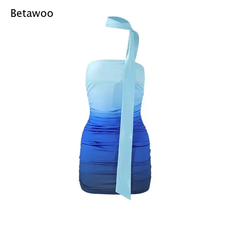 Gradient Strapless Bodycon Mini Dress Matching Choker Long Ribbon Outfit Out Vacation Short Dress for Women