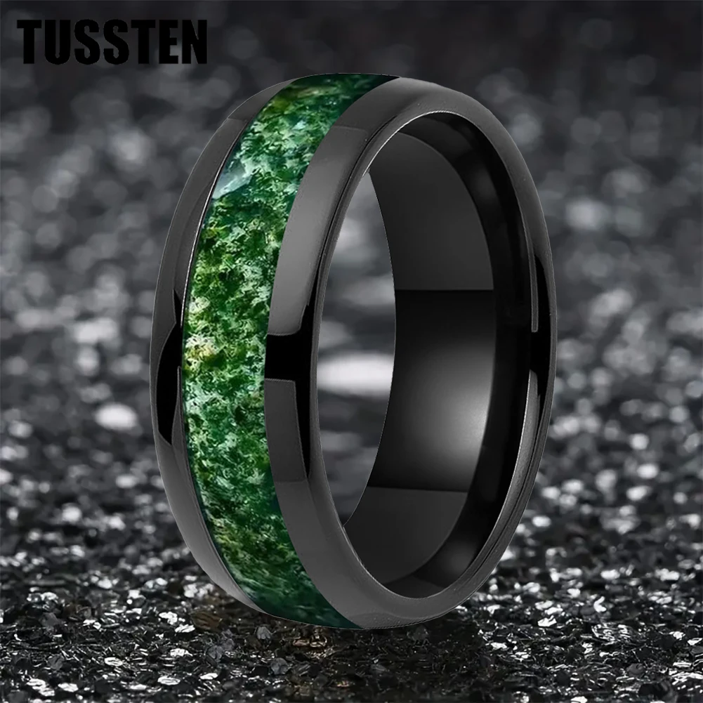 TUSSTEN 4/6/8MM Dome Edges Mens Womens Fashion Engagement Wedding Band Green Moss Agate Inlay Tungsten Carbide Rings