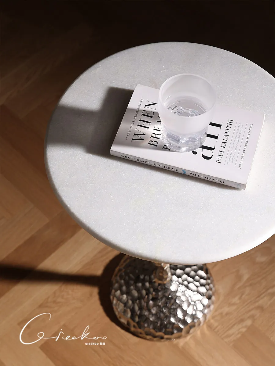 Home sofa mobile side table light luxury hammer pattern aluminum marble small coffee table small round table