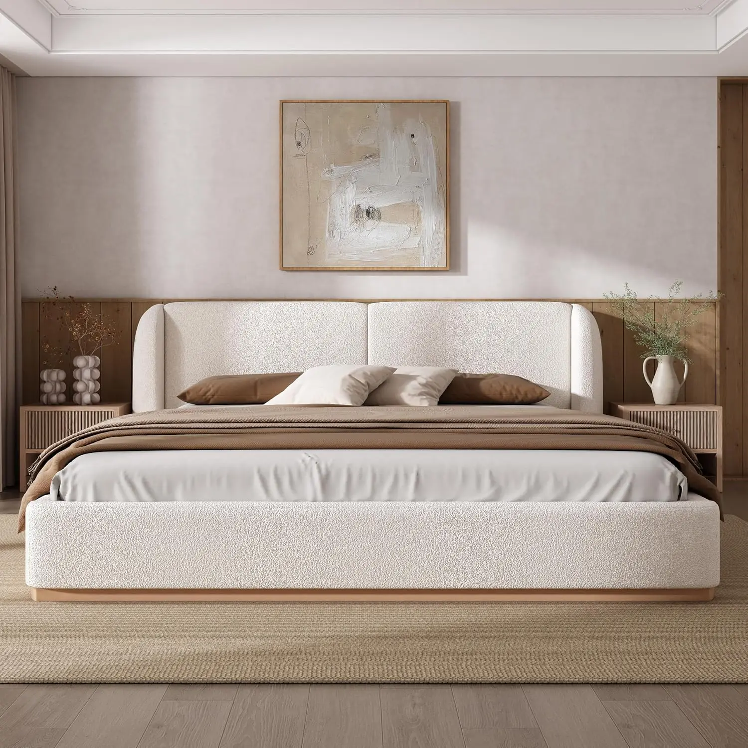 King Upholstered Platform Bed Boucle Wingback Headboard Solid Wood Base No Box Spring Modern Fabric Frame Bedroom, Customized