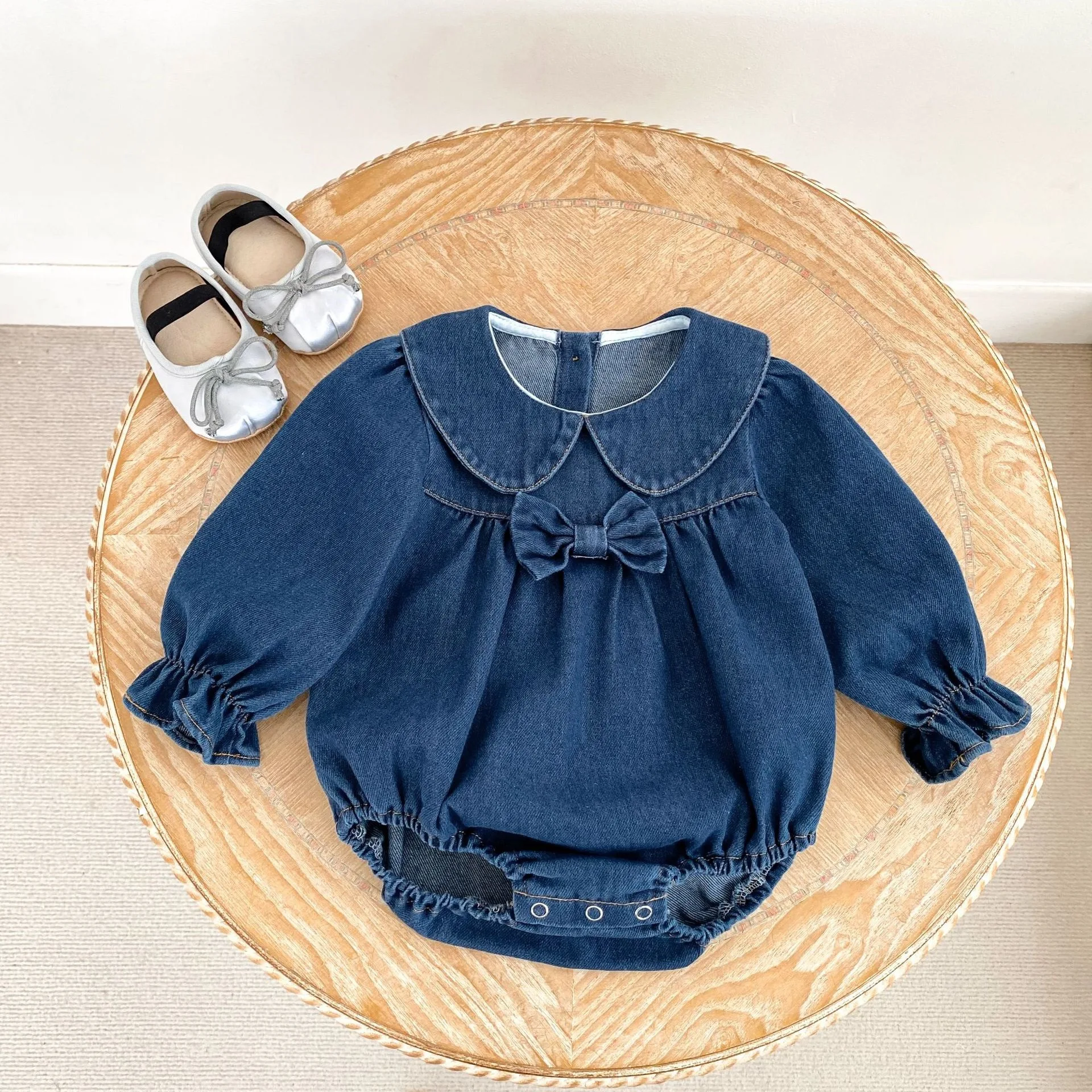 Fall New Baby Girl Nice Stylish Doll Collar Turn Beautiful Long Sleeve Denim Onesie Girls Bow Knot Jumpsuit
