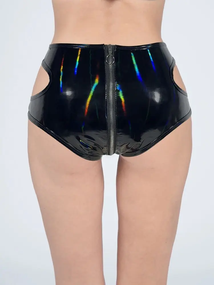 New Laser Wet Look PVC Shorts Hollow Out Shiny PU Leather Zipper Open Crotch Briefs Tights Sexy Trunks Panties Calcinha Tanga