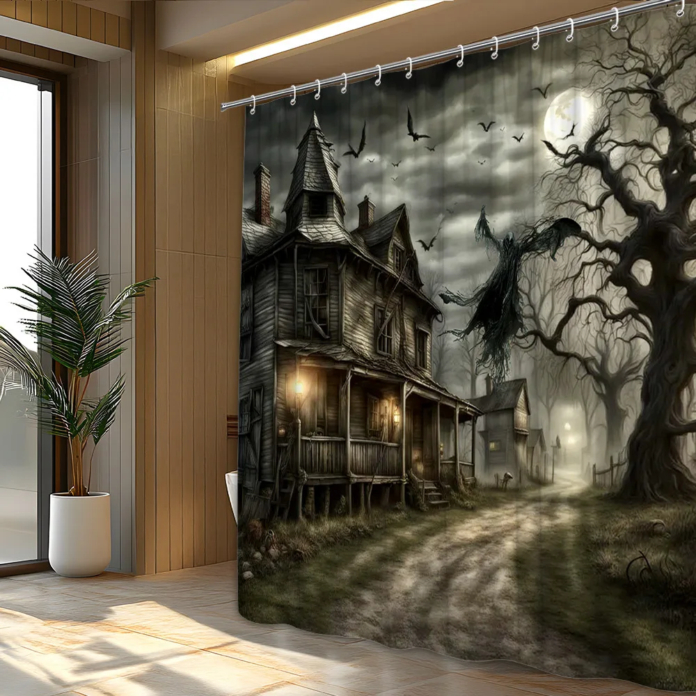 Halloween Shower Curtain Haunted House Ghost Tree Waterproof Fabric Bathroom Decor Gothic Horror Bath Screen With Hooks