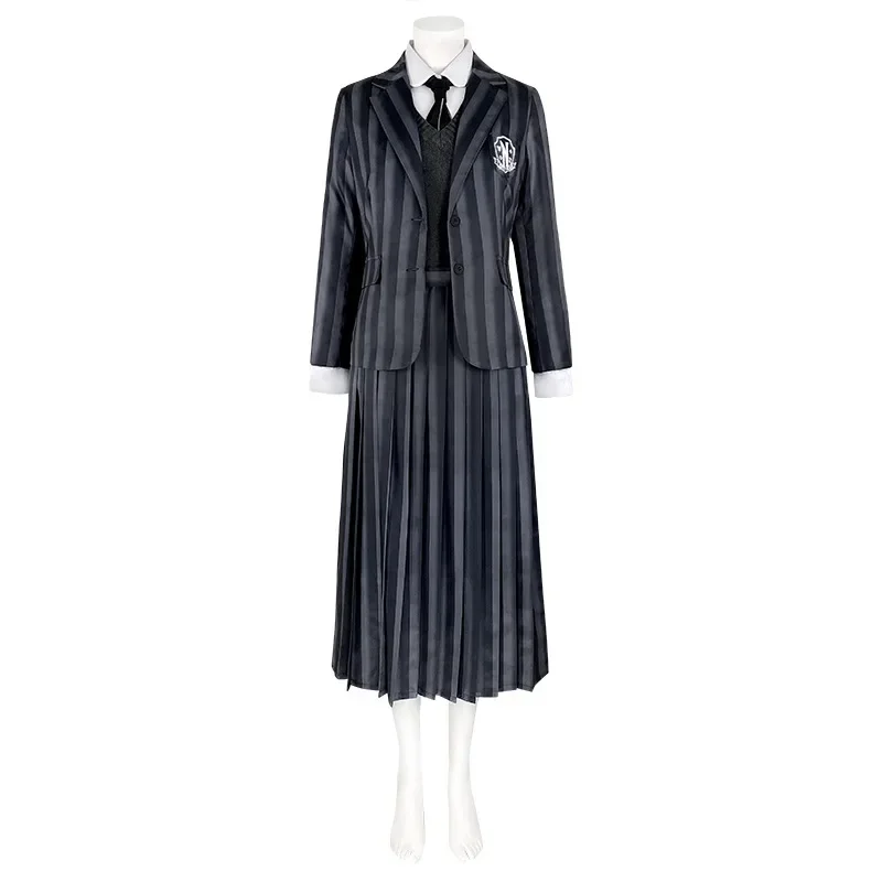 Costume de Cosplay Addams de mercredi pour femmes et filles, uniforme scolaire de l'académie Nevermore rayée, robe de paupières de fête imbibée, cheveux de perruque de tresse