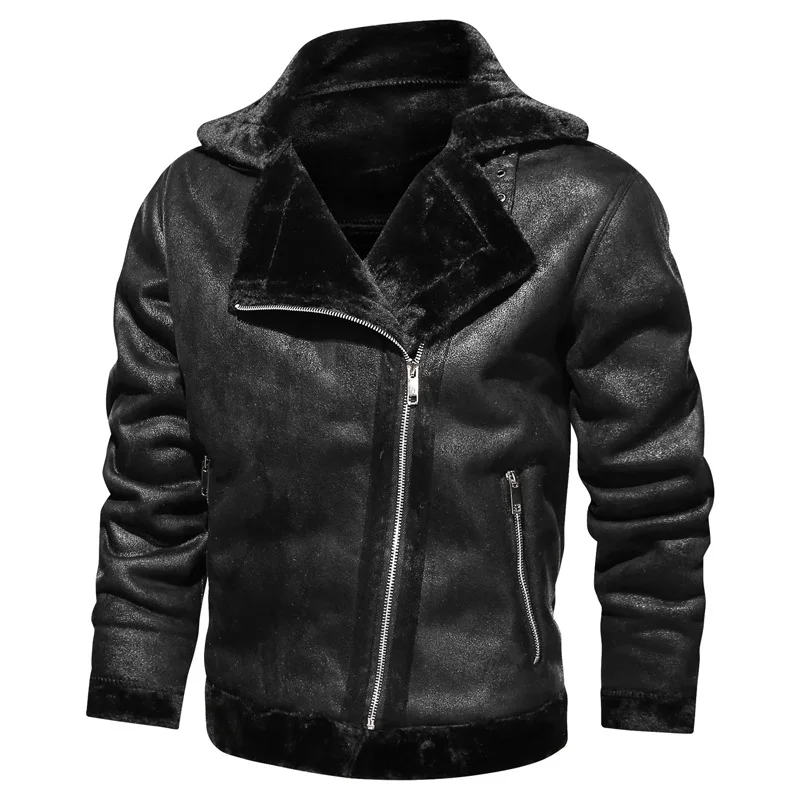 New Fashion Men Diagonal Zipper Leather and Fur Integrated Jackets and Coats Male Fleece Warm Leather Jackets Slim Fit Jaquetas