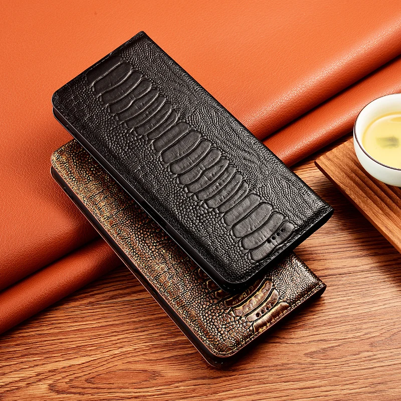 Cowhide Magnetic Flip Phone Case For Samsung Galaxy A52S A21S A13 A23 A33 A53 A73 5G Ostrich Veins Genuine Leather Cover