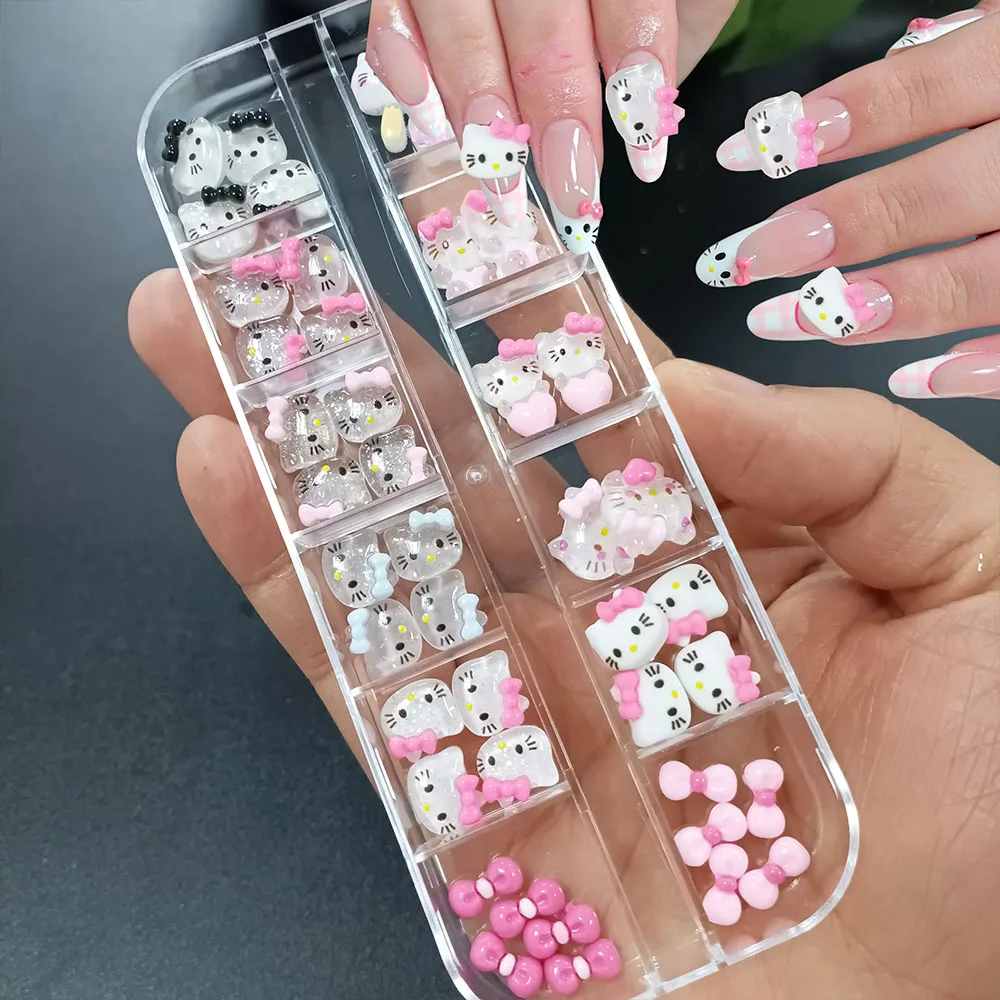 12 compartimentos/caixa, Decorações de Unhas 3D com Laço e Cabeça da Hello Kitty, Kawaii, com Glitter, em Formato de Gato, Base Plana, para Manicure KT