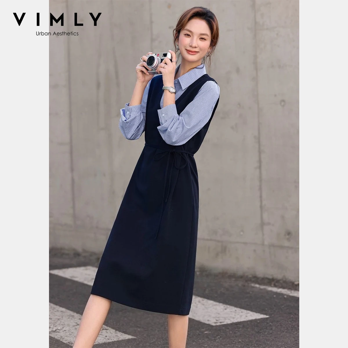 VIMLY Women's Dress 2026 Spring New Korean Style Fake Two-Piece Contrast Color Splicing Plaid Shirt Dresses for Woman A3710