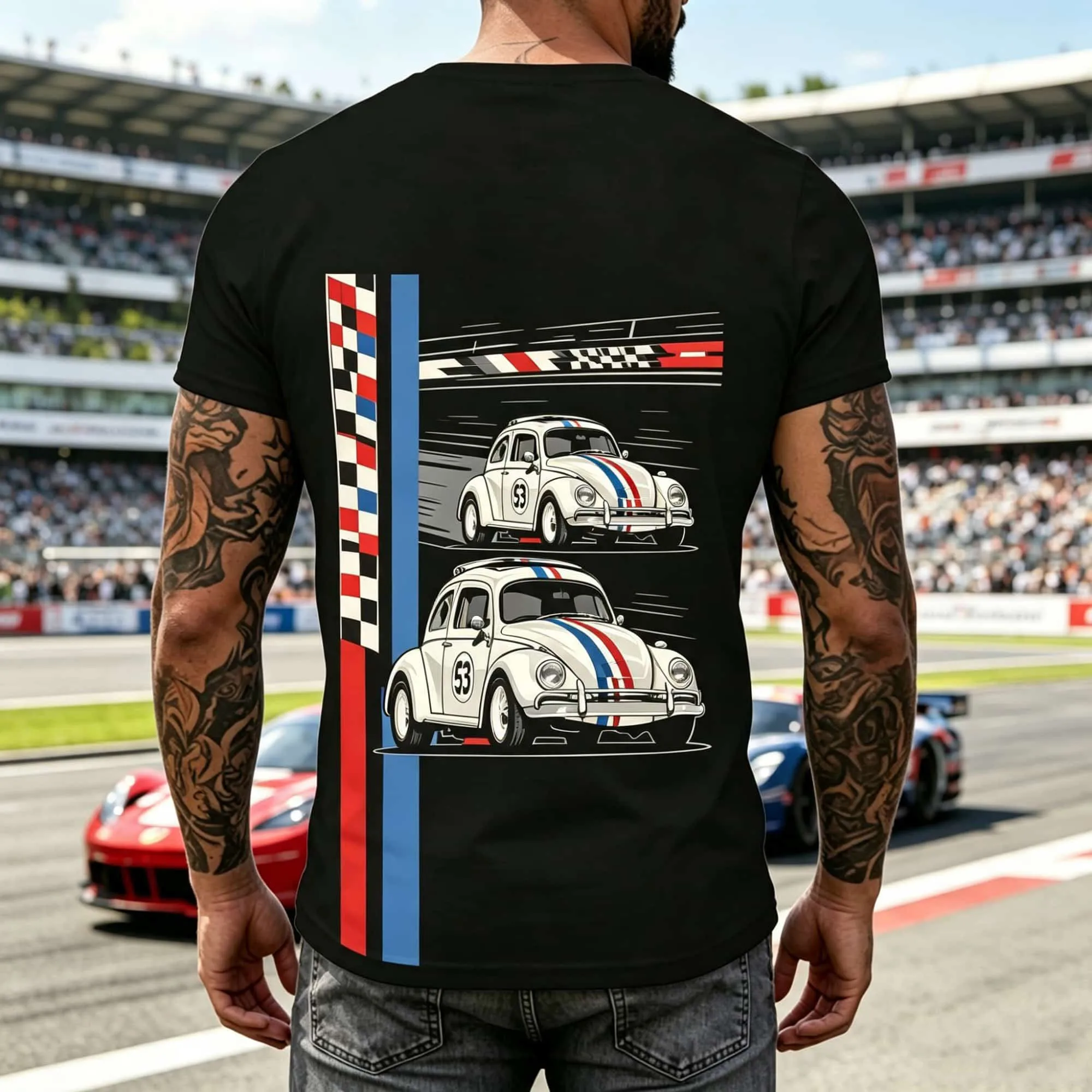 Retro Racing Car Graphic Tee Men Classic Vintage Bug Car Flag Stripes Print Breathable Outdoor Motor Sports Short Sleeve Top