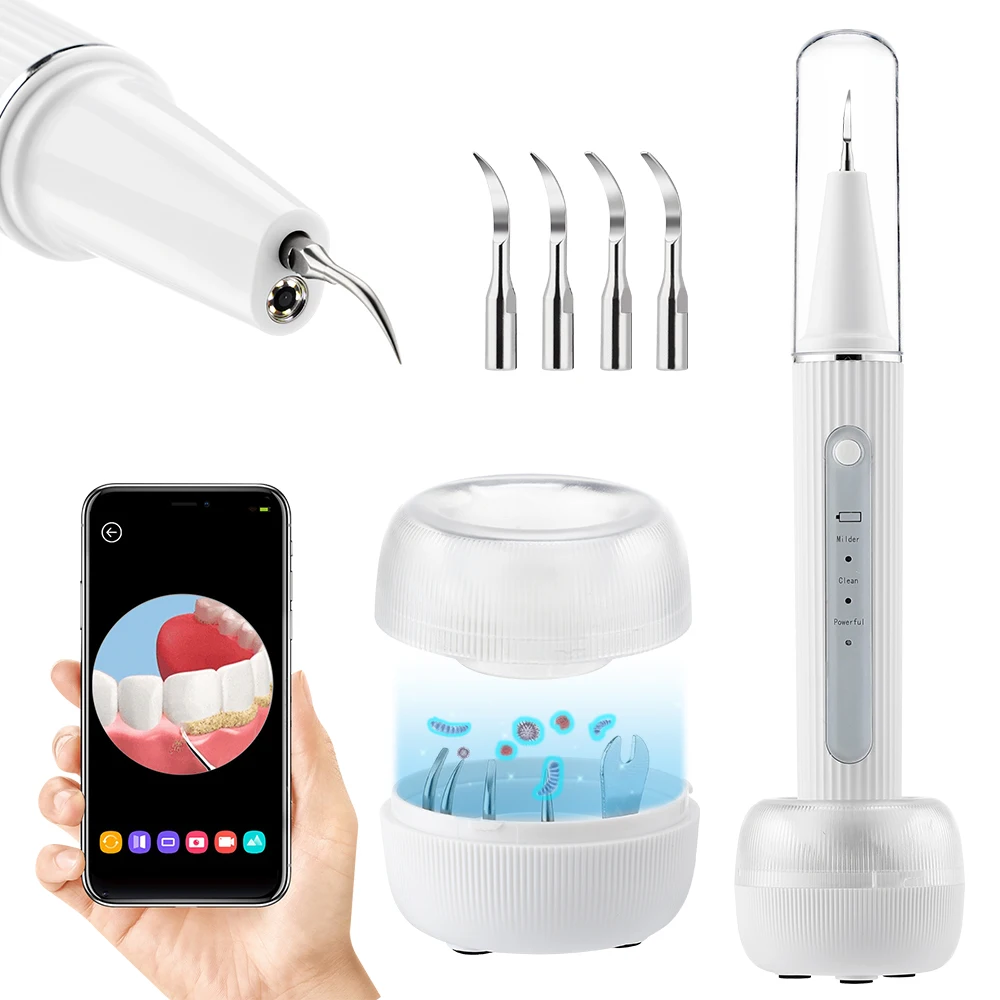 Removedor de tártaro ultrassônico, raspador dental visual elétrico com canera, 3 modos de carregamento sem fio, remoção de placa, ferramenta de limpeza dos dentes