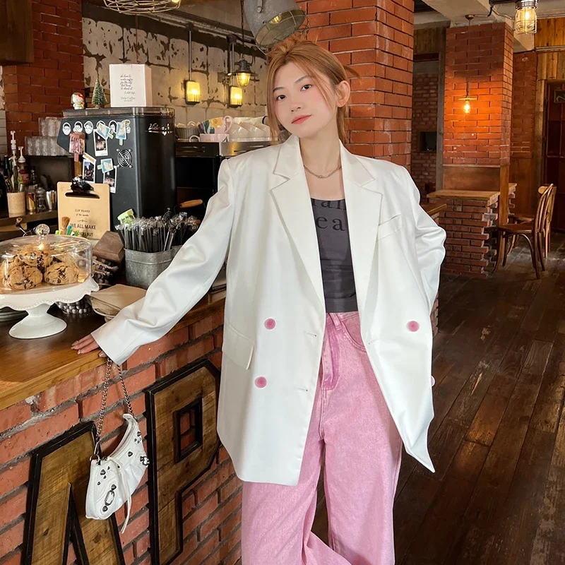 

New Loose White Blazer Contrast Color Casual Leisure Suit Jacket Female Spring 2024