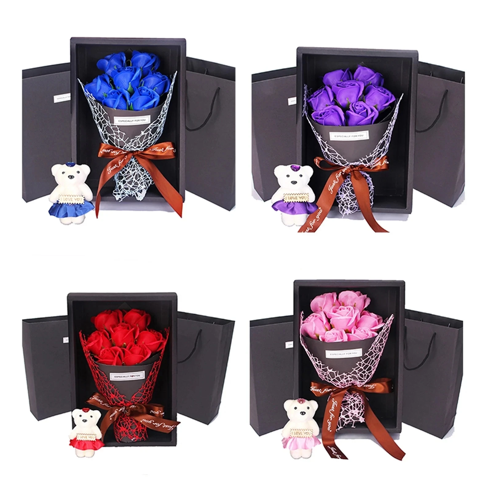 Valentine\'s Day Artificial Flowers 7 Rose Soap Bouquet Gift Box Teddy Bear Flower Creative Valentine\'s Day Gift Home Decor