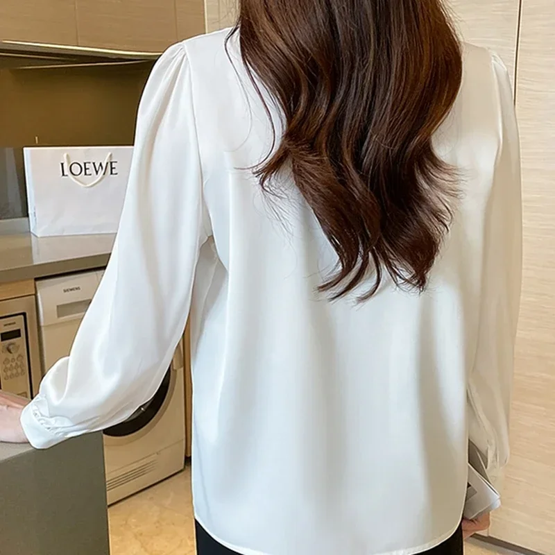 Elegant Bow Neck White Chiffon Shirts Women 2024 Fashion Autumn Winter Long Sleeve Tops Mujer Korean Style Office Ladies Blouses