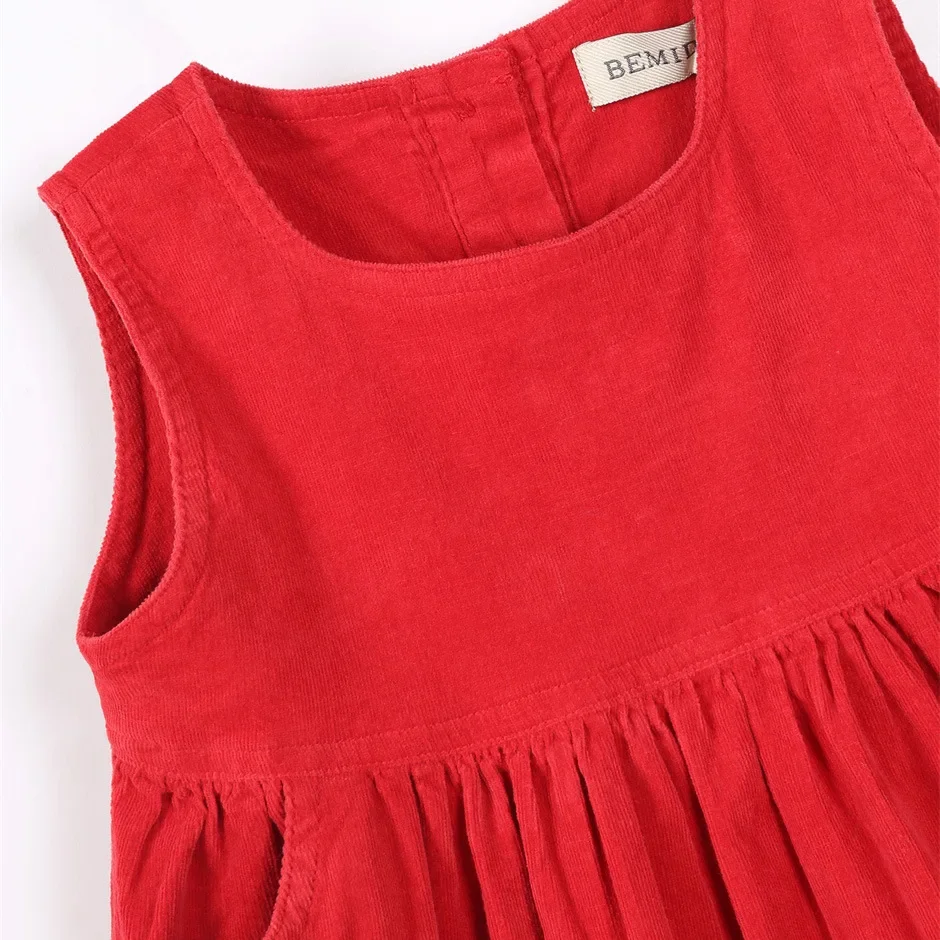 New Autumn Toddler Girl Dress Sleeve Cotton Ruffles Princess Dress Kids Corduroy Red Fashion Baby Vest Dress Outerwear 2pices