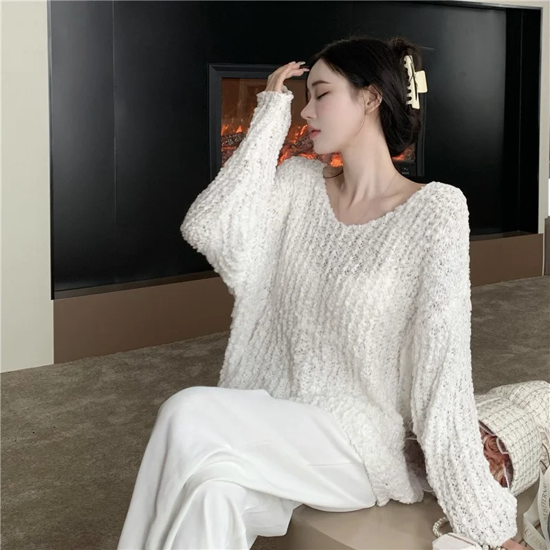 

Ladies' Lazy V-Neck Knitwear Soft Texture Loose Fit Mid-Length Sweater Spring Autumn Casual Comfortable Unique Top