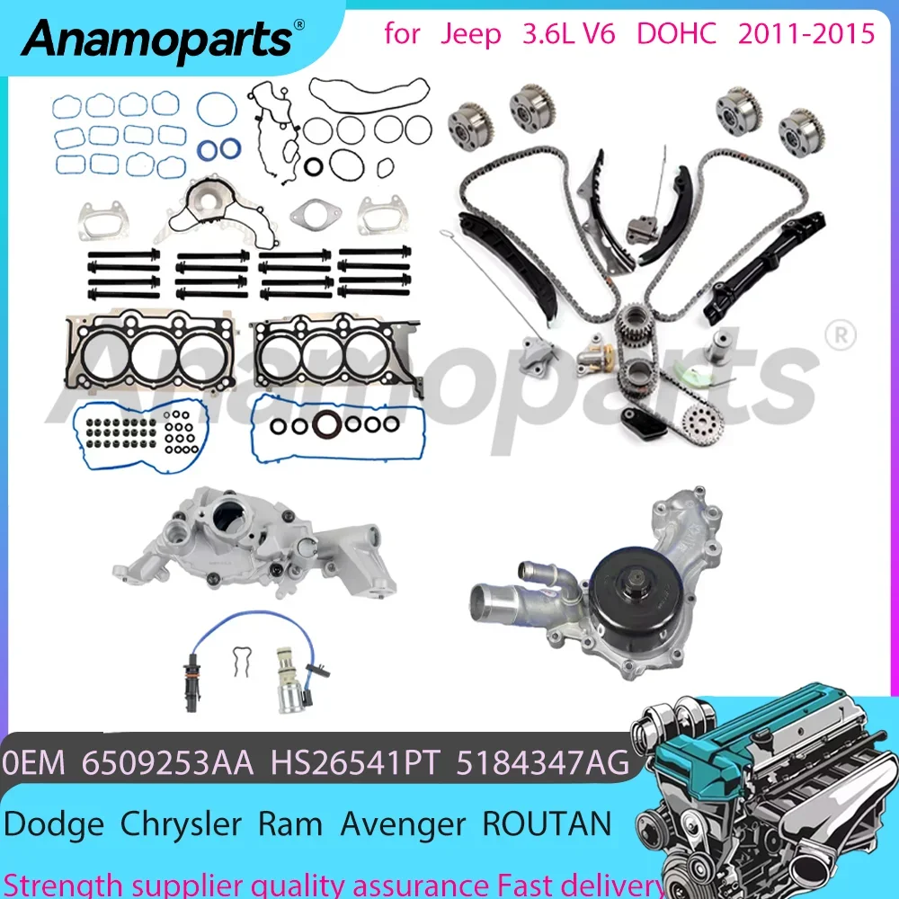 Timing chain Kit water/oil pump head gasket Overhaul Rebuild set for 3.6L 11-15 Dodge Chrysler Ram Avenger Jeep 3.6 L V6 DOHC