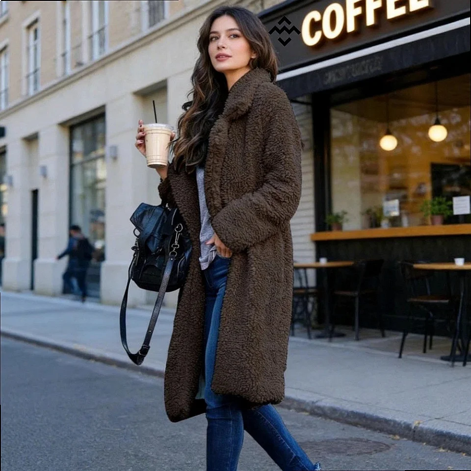 Women Fluffy Faux Fur Coat Winter Overcoat with Lapel