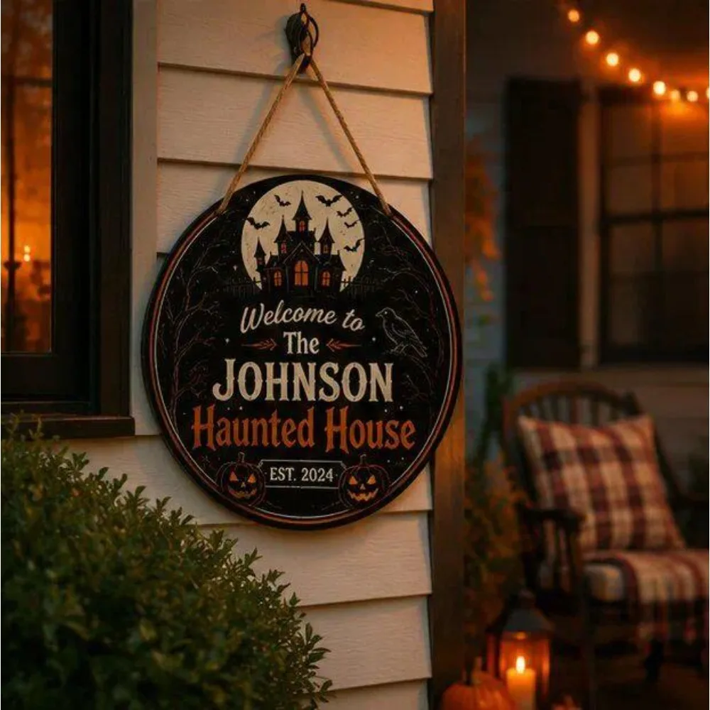 CIFbuy Custom Round Halloween Haunted House Metal Plaque, Personalized Family Name Castle Bat Pumpkin Wall Ornament (Only