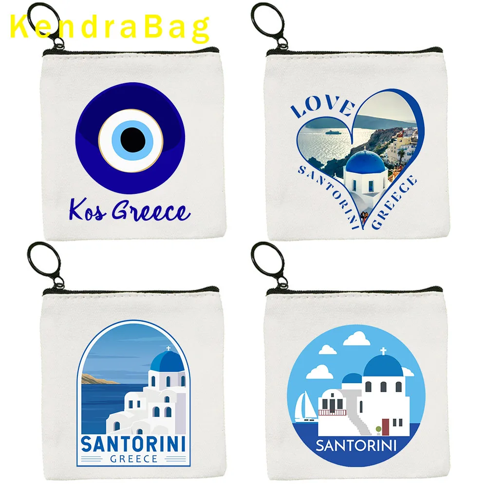 Athens Greece Santorini Oia Island Love Heart Landscape Ellas Greek Evil Eye Key Coin Purse Canvas Bag Pouch Wallet Zipper Gifts