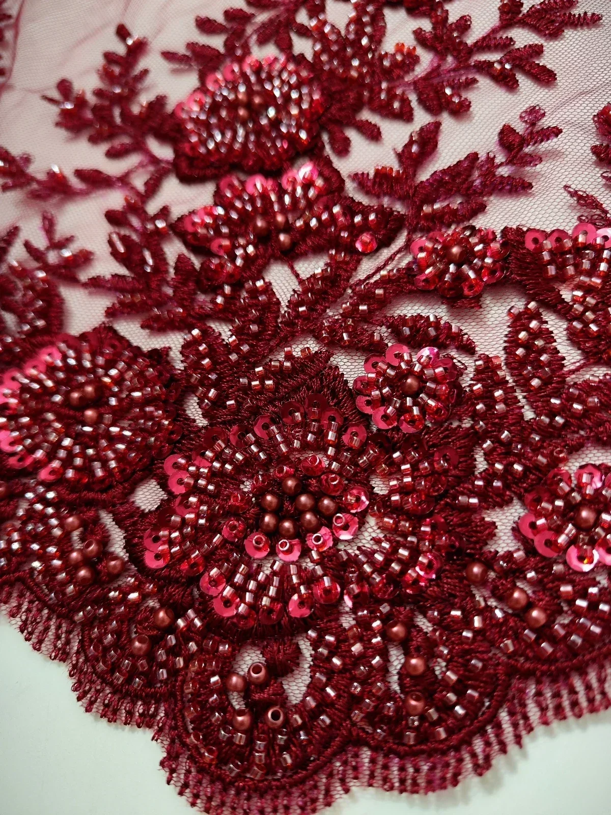 High Quality Wine African Handmade Beads Lace Fabirc 2025 Sequins Embroidery Nigreian Lace Fabric For Wedding Dress LWH23107A