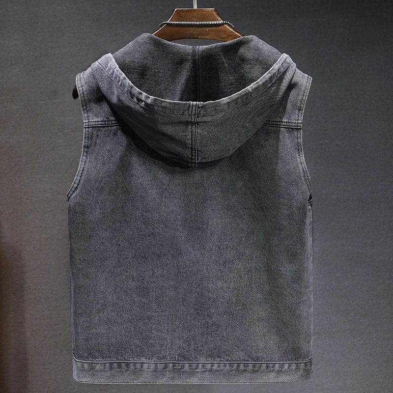 New Men's Loose Workwear Denim Vest with Hood Sleeveless Everyday Versatile Shoulder Pad Jacket Casual Unisex Outerwear