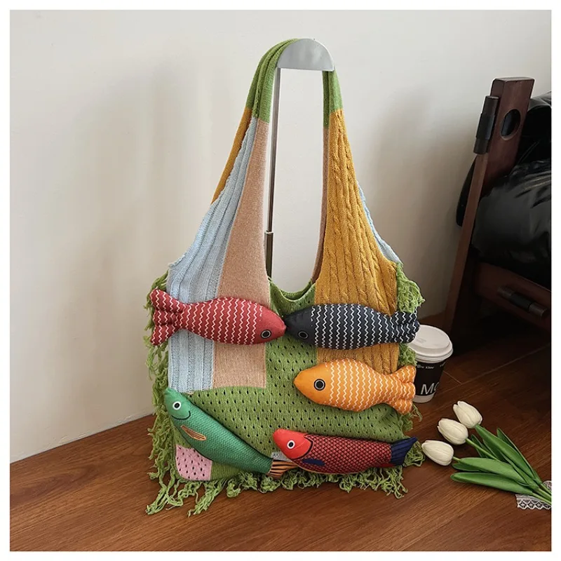 Patchwork Casual Shoulder Bags Fabric Hollow Out Fish Women's Bags 2025 Hot Sale Large Capacity Versatile Women's Handbags