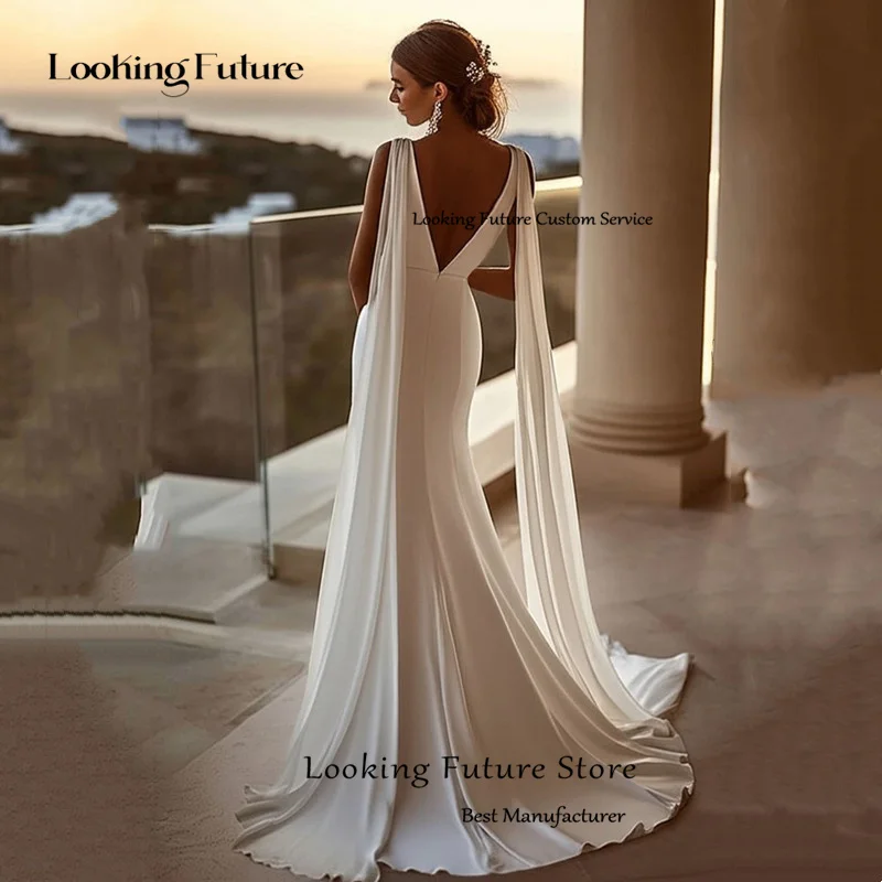 بوهو حورية البحر الساتان فستان الزفاف مثير العميق الخامس الرقبة السباغيتي الأشرطة أكمام ثوب زفاف مطوي عارية الذراعين قطار طويل مخصص