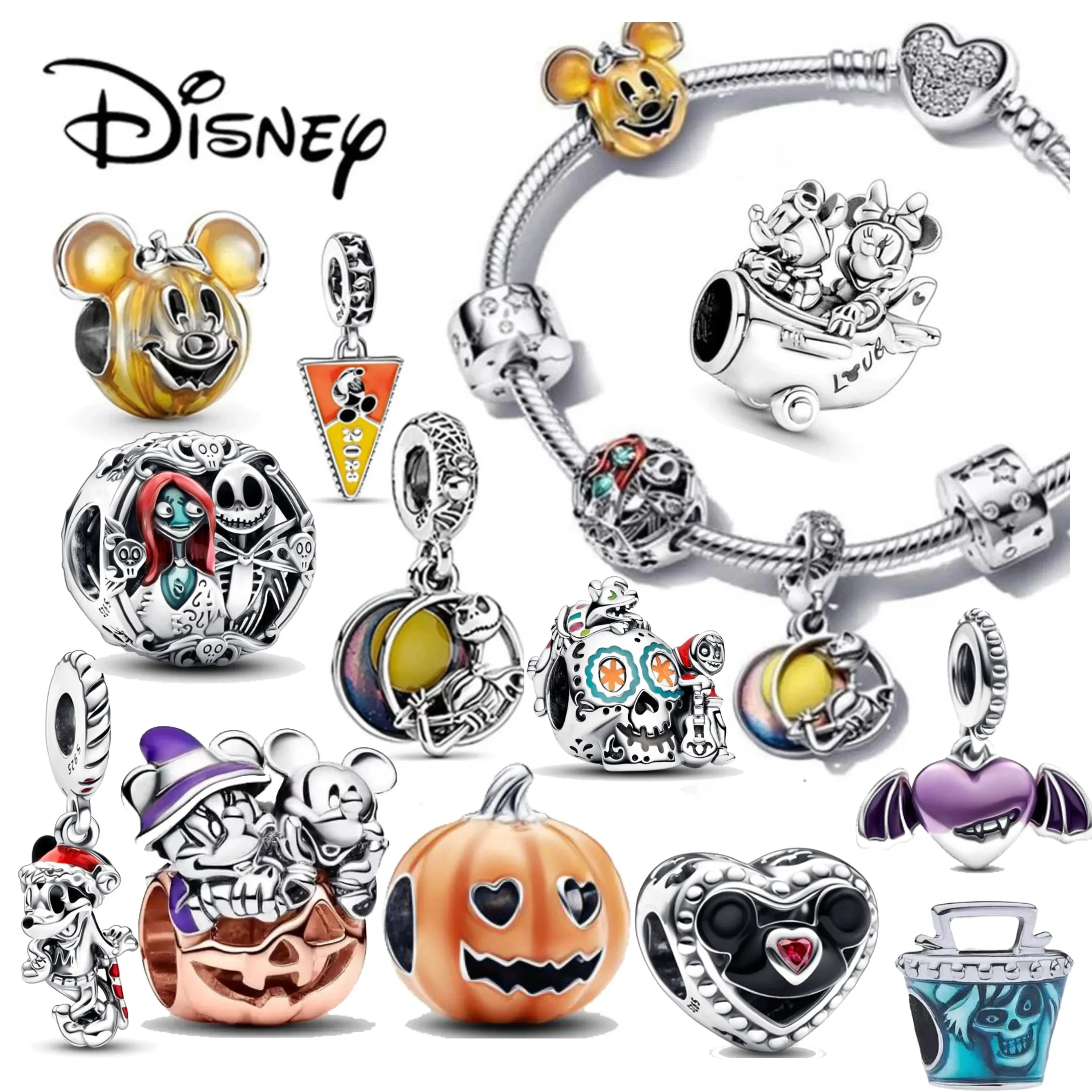 MINISODisney 925 sterling silver Mickey Mouse Halloween pumpkin pendant charm suitable for pando bracelet DIY jewelry gift