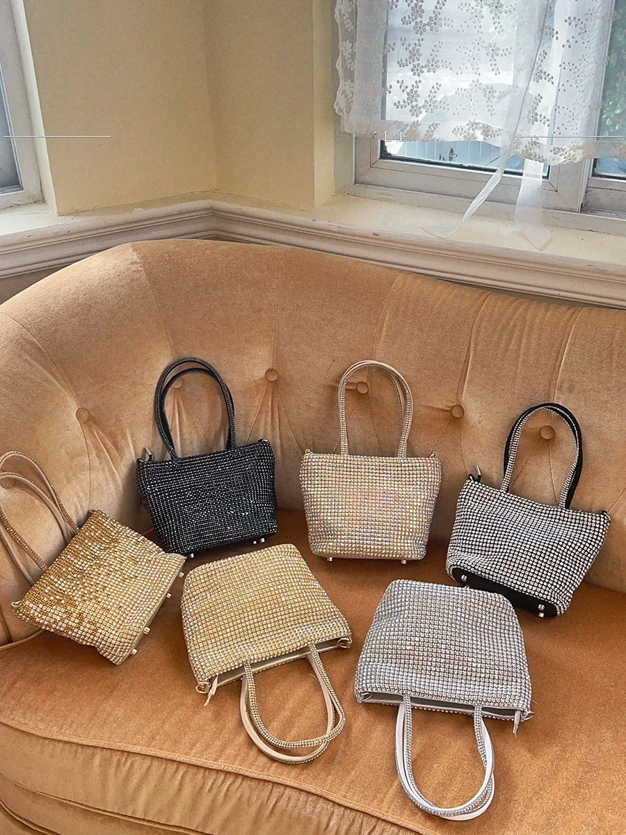 Heavy-Work Crystal Bucket Handbag Fashionable Dinner Crossbody Bag UGALS Casual Chic Style Women's Bag with Zipper Closure