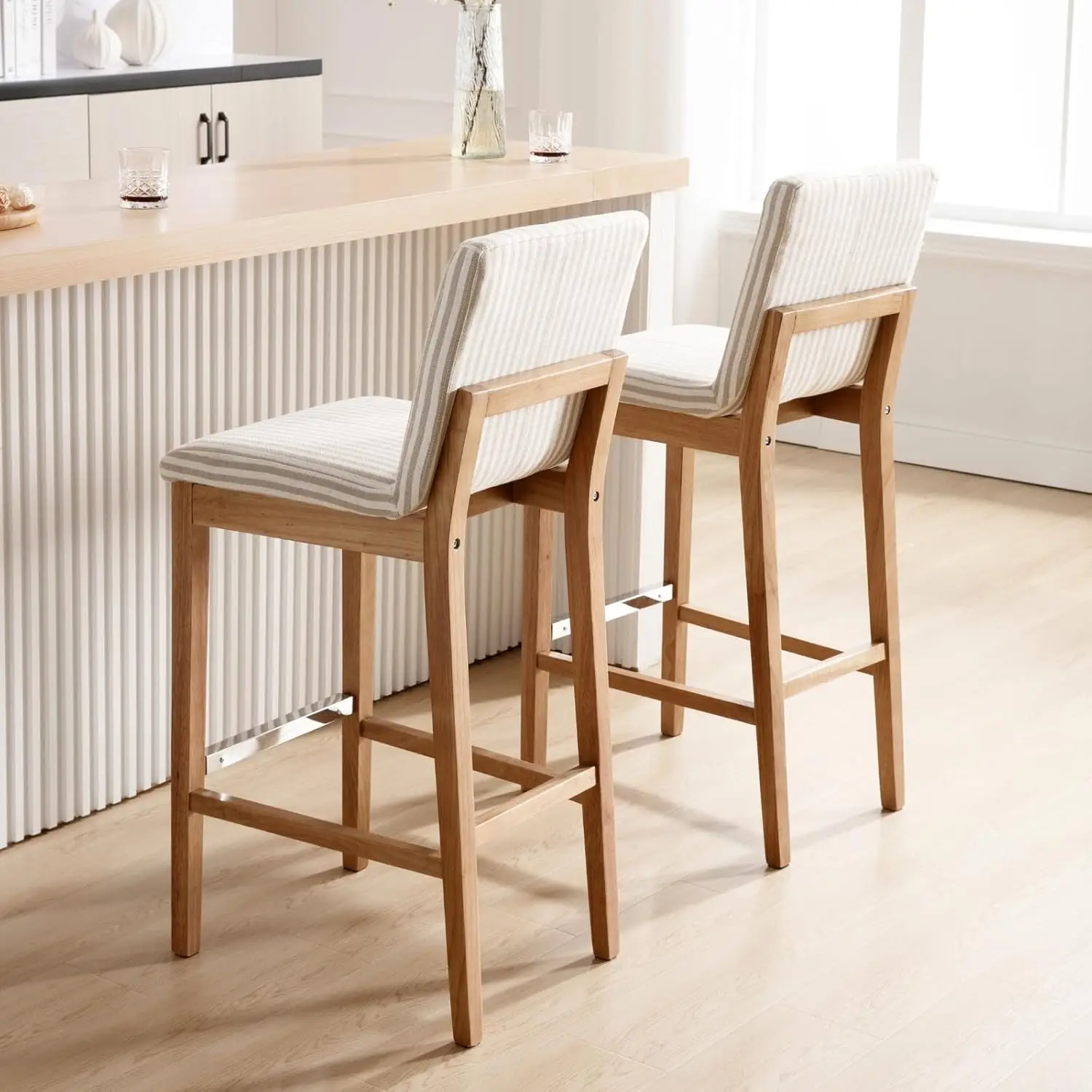 Modern Bar Stools Set of 2 Linen Upholstered Bar Height with Back & Metal Footrest Wooden , Customized
