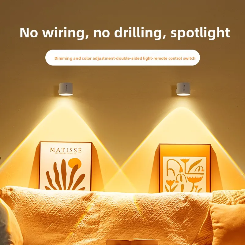 Rechargeable Spotlight, Cordless & No-Drilling Hill-Shaped Magnetic Bedside Reading Lamp with Wireless Remote, Wall Sconce