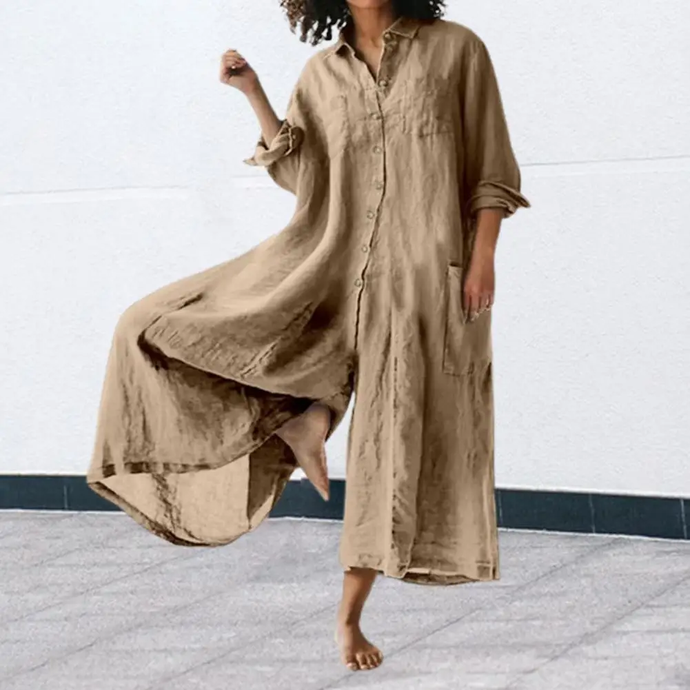 Women Jumpsuit Spring Summer Turndown Collar Loose Cotton Linen Breathable Casual Wide Legs Pants Long Romper Daily Wear