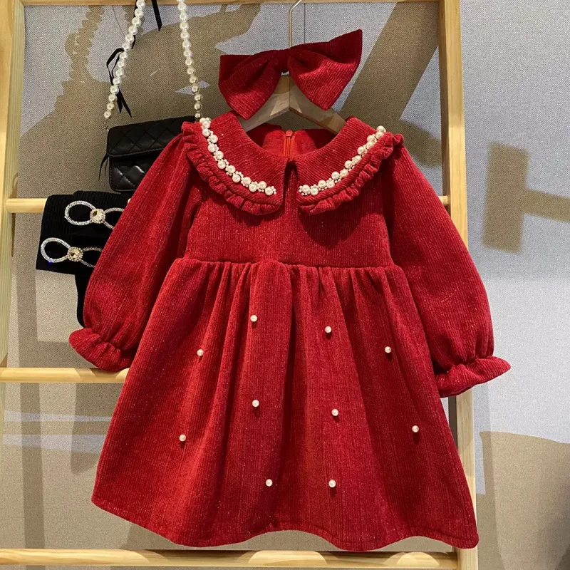 Girls' Winter New Style Baby Girls' Bow Chenille Velvet Princess Dress Shiny Elegant Dress New Year Dress