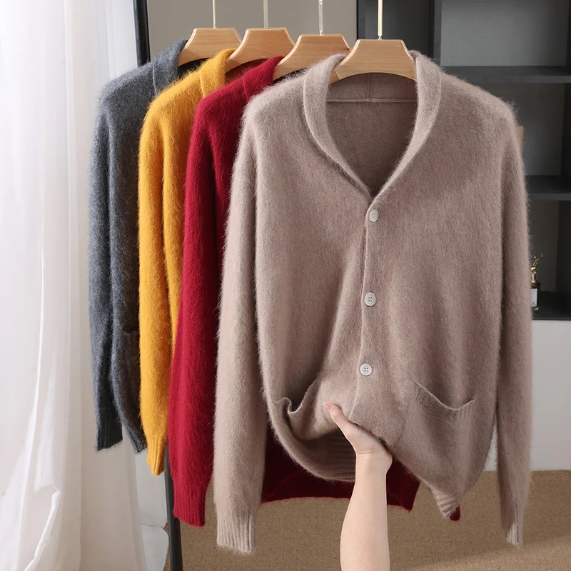 Mink Cashmere Cardigans Men's Knitted Sweater Tthicken Long Sleeves Jacket Autumn Winter Lapel Casual Warm Fashion Male Clothes