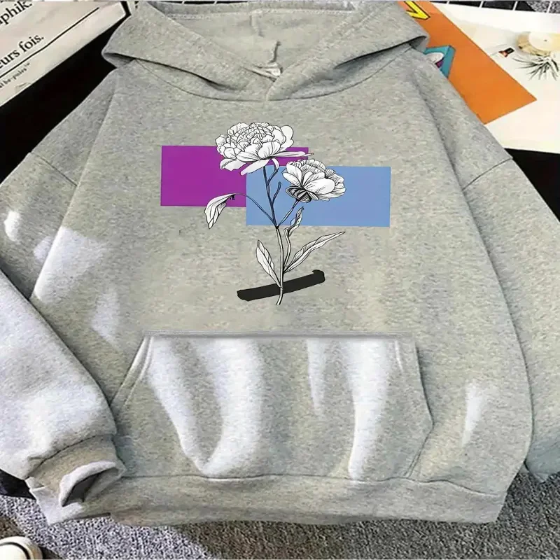 Felpa con cappuccio floreale Felpa pullover Tasca frontale Lavabile in lavatrice con cappuccio Stampa floreale da donna Abbigliamento quotidiano Abiti casual Autunno Inverno