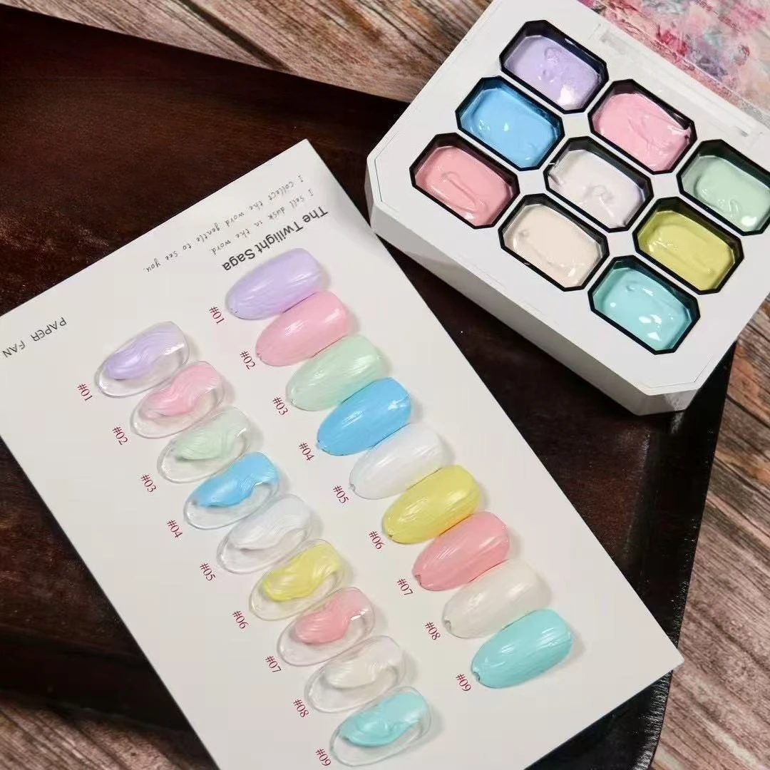 

9 цветов макарон, картина маслом, лак для ногтей, клей, размазывание консервов, высокая насыщенность, популярный полутвердый лак для ногтей-Ma Ka Long