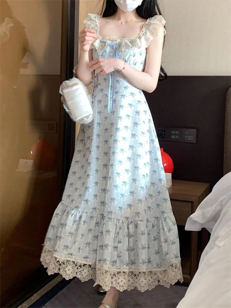 Gentle Lace Square COLLAR ดอกไม้ชุดยาวผู้หญิงฤดูร้อนแขนกุดเอวสูง SLIM FIT A-Line Ruffle PARTY Dresses ใหม่