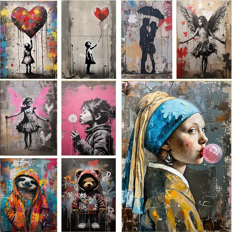Banksy Graffiti Junge und Mädchen mit Ballon auf Diamant-Postern Drucke Pop Street Wall Art Gemälde für Wohnzimmer Heim-Dekoration Cuadros