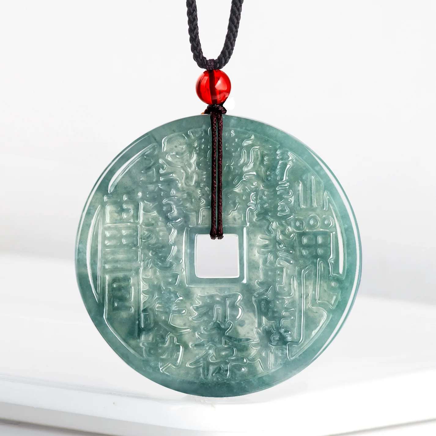 

Natural A-grade Jade Blue Water Mountain Ghost Spending Money Jadeite Pendant Bagua Bao'an Jade Pendant Men's Women's Jewelry