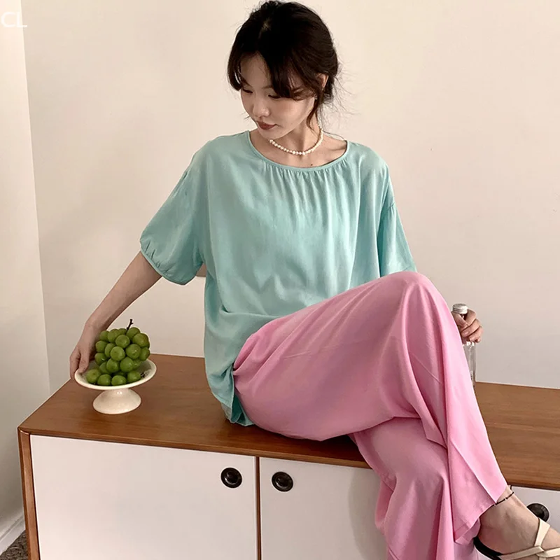 

Cotton Silk Pajamas Set Women Summer Short Sleeve Trousers Suit Thin Casual Solid Home Clothes